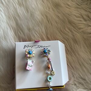 Betsey Johnson Multicolor Floral Stud Mismatched Milk Carton & Charm Earrings